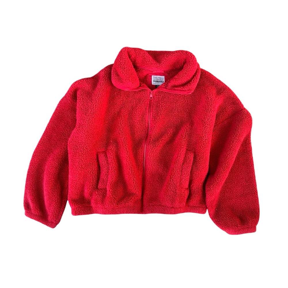 American Eagle Seriously Huggable Red Sherpa Fleece Cropped Pullover Sweatshirt